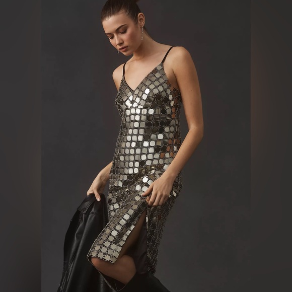 Anthropologie V Neck Chainmail Sequin Midi Dress NWT - Picture 2 of 8